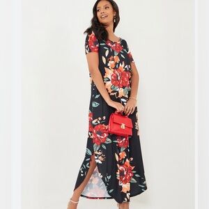 Zilcremo Tropical Print Black Maxi Dress With Slits & Pockets 2XL